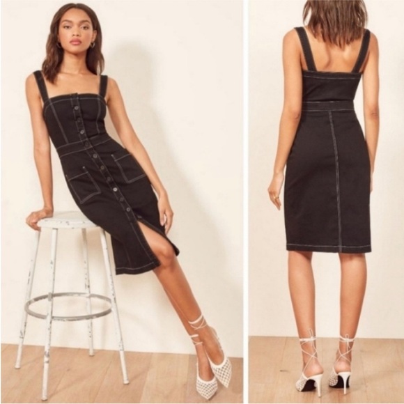 Reformation Roxanna Dress Black Denim Contrast Stitch sz 8 - Picture 1 of 11